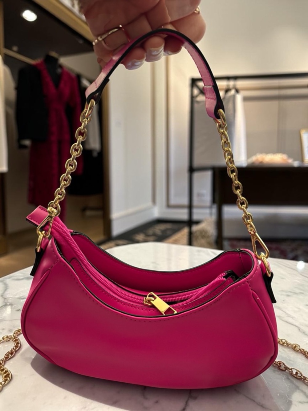 Aldo Hot Pink Mini Shoulder Bag Y2K Baguette Gold Chain Barbiecore Purse - Picture 3 of 6
